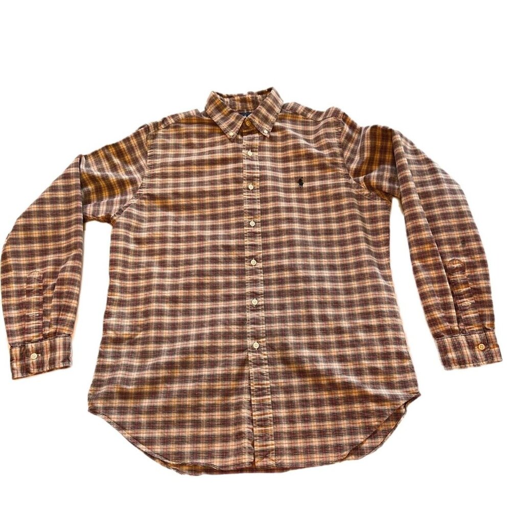 Ralph Lauren Classic Fit Plaid Button Down Shirt Large Pony Logo Tan Green Red - Picture 2 of 11